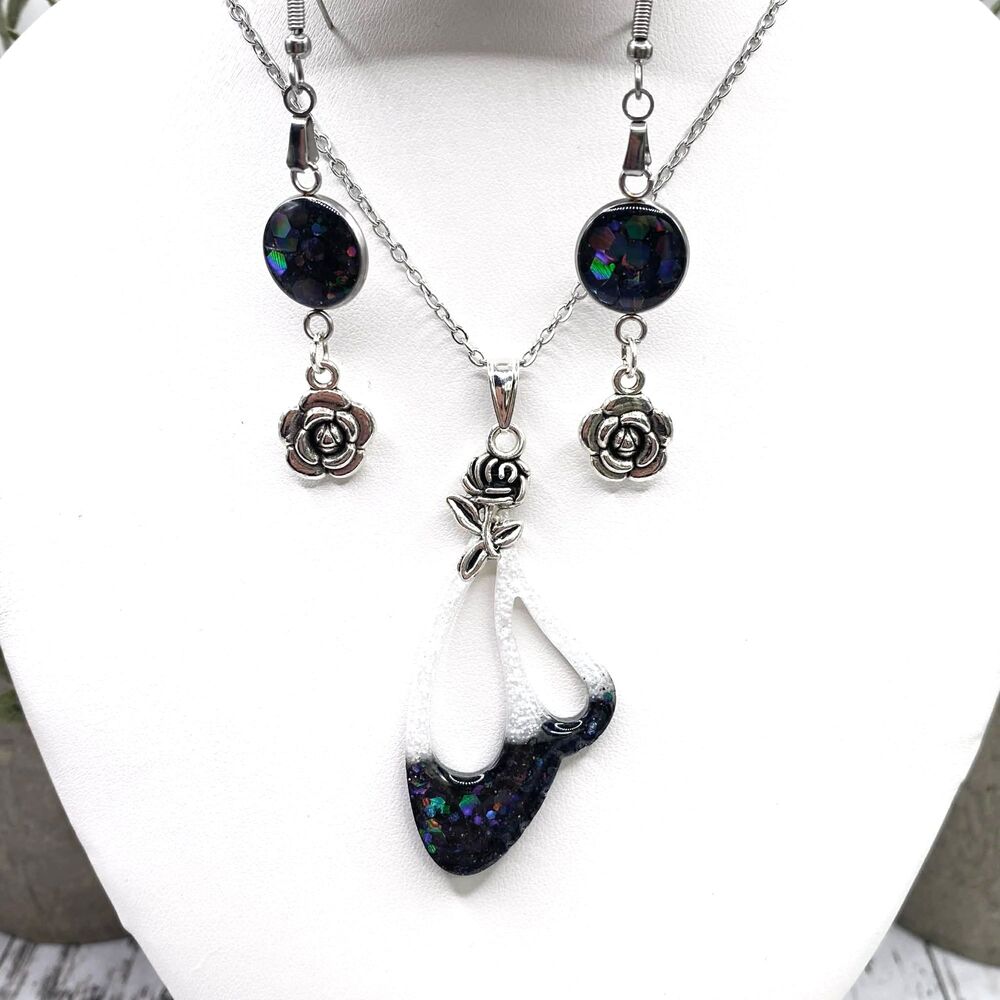 Handmade Black Glitter Resin Necklace Set w/ Rose Charms | Silver Floral Jewelry